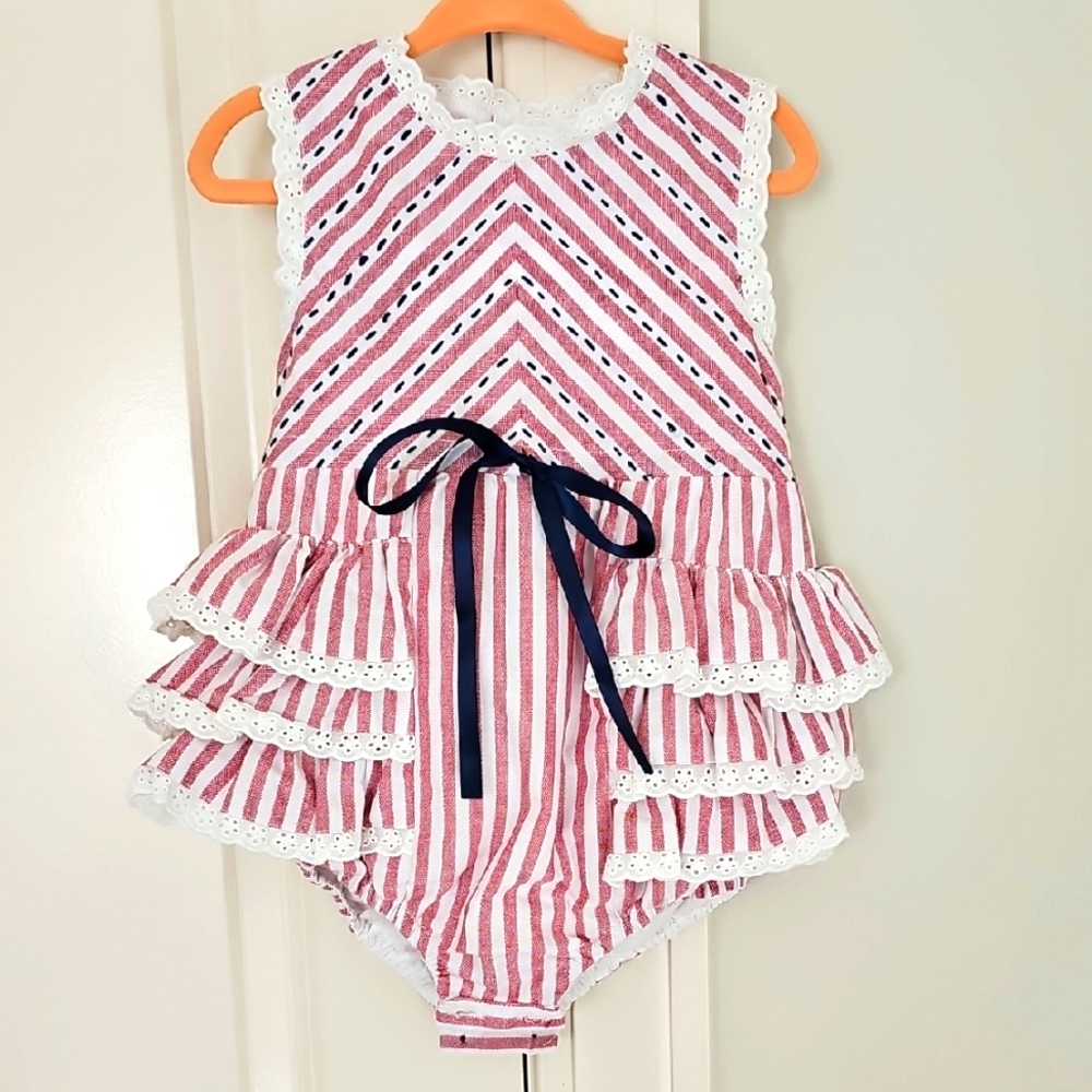 Love & Grow 3t Eyelet Ruffle Bubble Red White Navy 100% Cotton